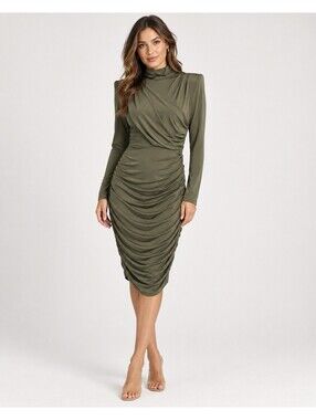 Express Ruched Mock Neck Green Strong Shoulder Back Cutout Mini Dress L